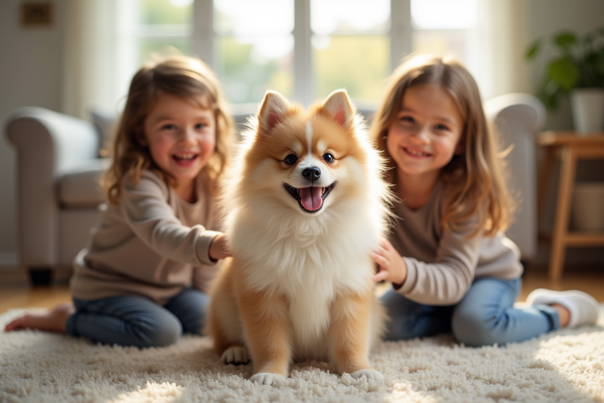 Chiot german spitz joyeux sur un tapis avec enfants
