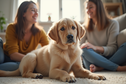 Chiot labrador longhaire dans le salon souriant