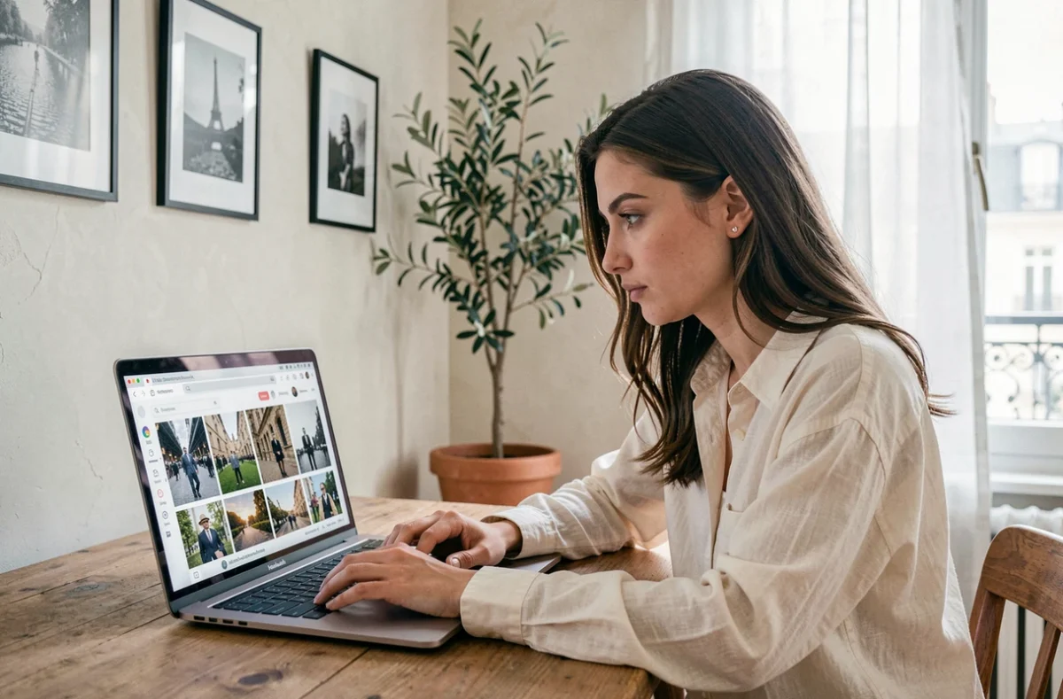 Jeune femme comparant des portfolios de photographes en ligne depuis son appartement