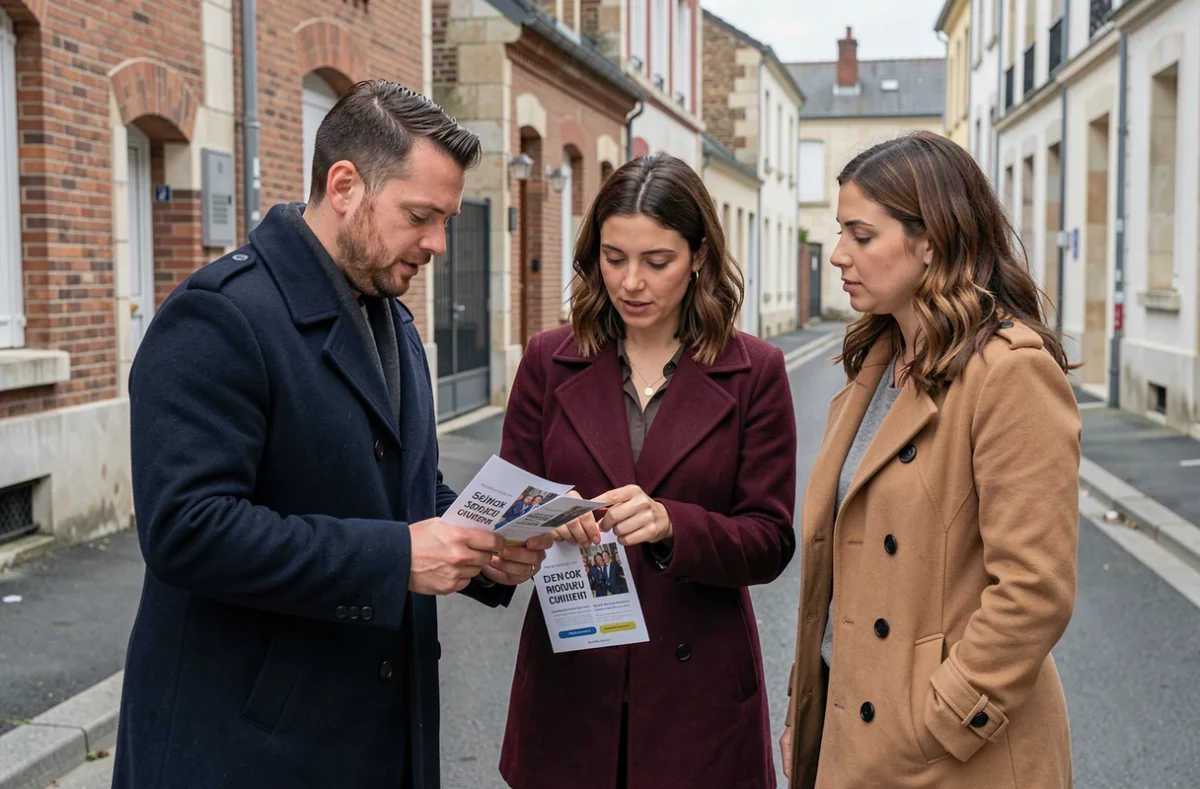 Groupe d'amis examinant des cartes de visite de photographes dans une rue de Clamart