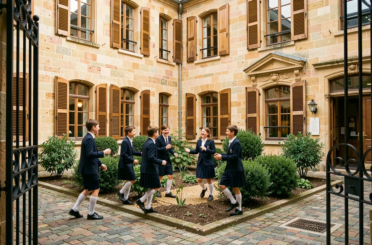 Collégiens en uniforme jouant dans la cour du Collège Anne-Marie Javouhey à Senlis