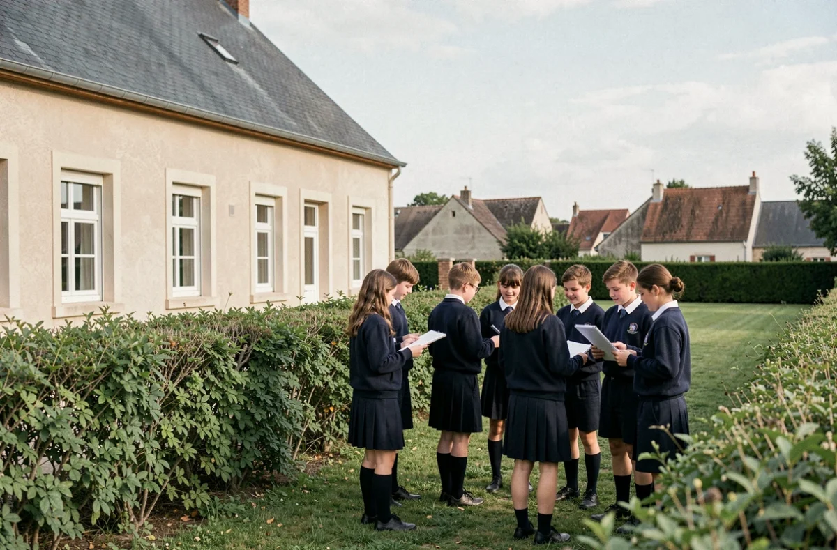 Jeunes collégiens en uniforme dans la cour verdoyante du Collège Jeanne d'Arc à Agnetz