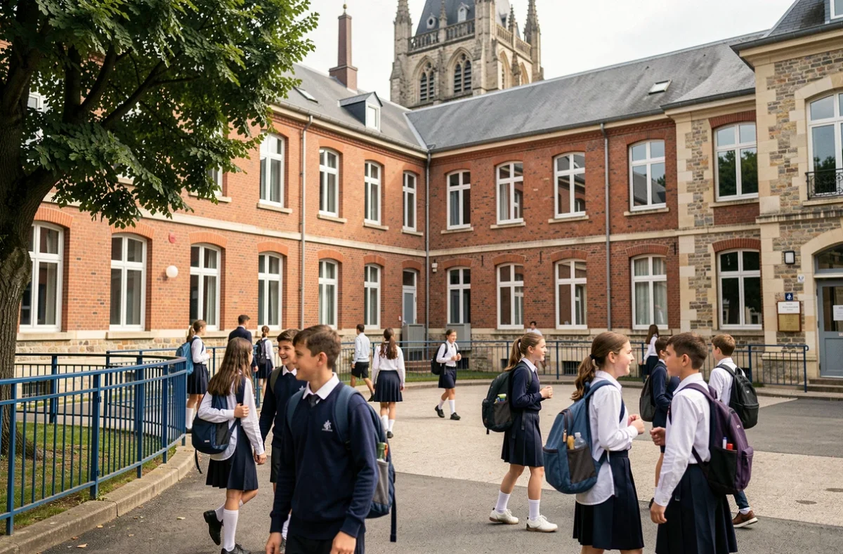Élèves en uniforme traversant la cour du Collège Notre-Dame de Beauvais