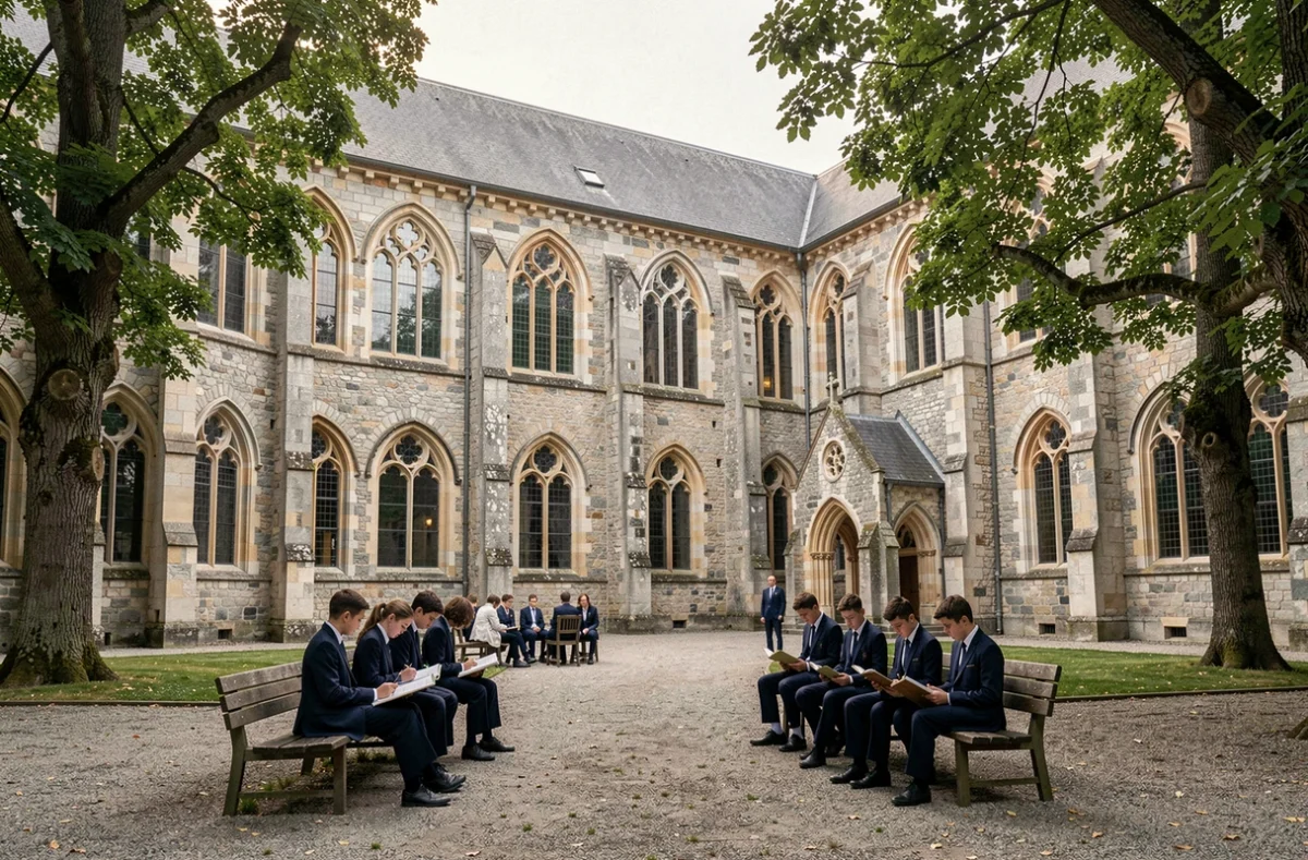 Cour du Collège Notre-Dame de Noyon avec élèves en uniforme et architecture gothique en pierre
