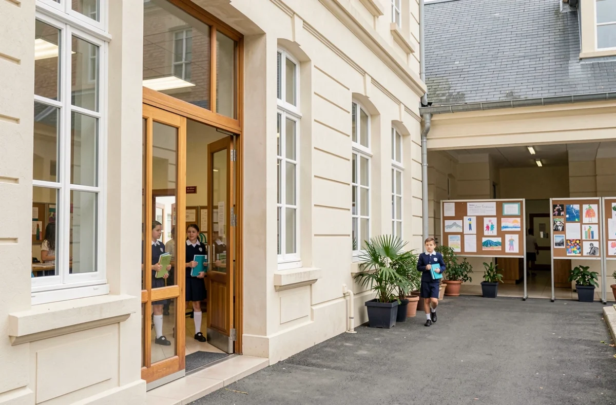 Couloir du Collège Saint-Joseph du Moncel à Pont-Sainte-Maxence avec collégiens en uniforme