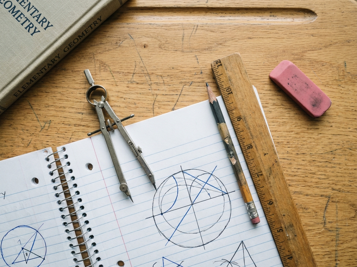 Vue de dessus d'un compas métallique et de fournitures scolaires sur un bureau en bois avec cahier de géométrie