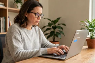 Femme concentrée devant son ordinateur portable en train de se connecter à son espace personnel en ligne