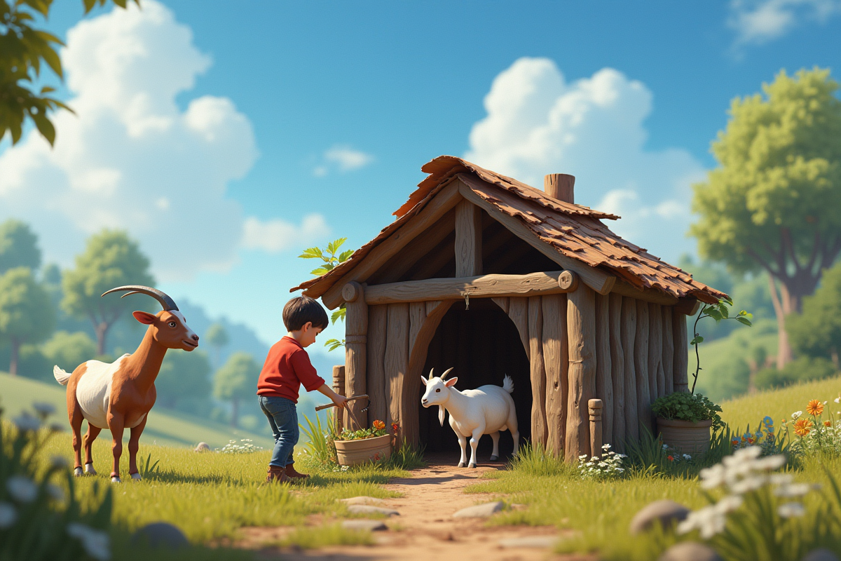 Enfant et père construisant un abri pour mouton dans la ferme