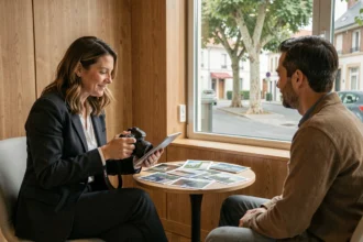 Photographe professionnelle présentant son portfolio à un couple lors d'une consultation à Clamart