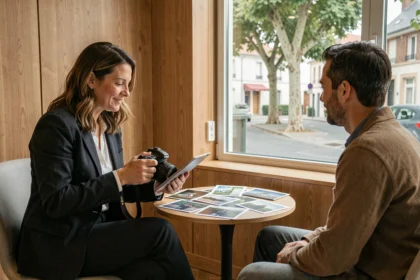 Photographe professionnelle présentant son portfolio à un couple lors d'une consultation à Clamart
