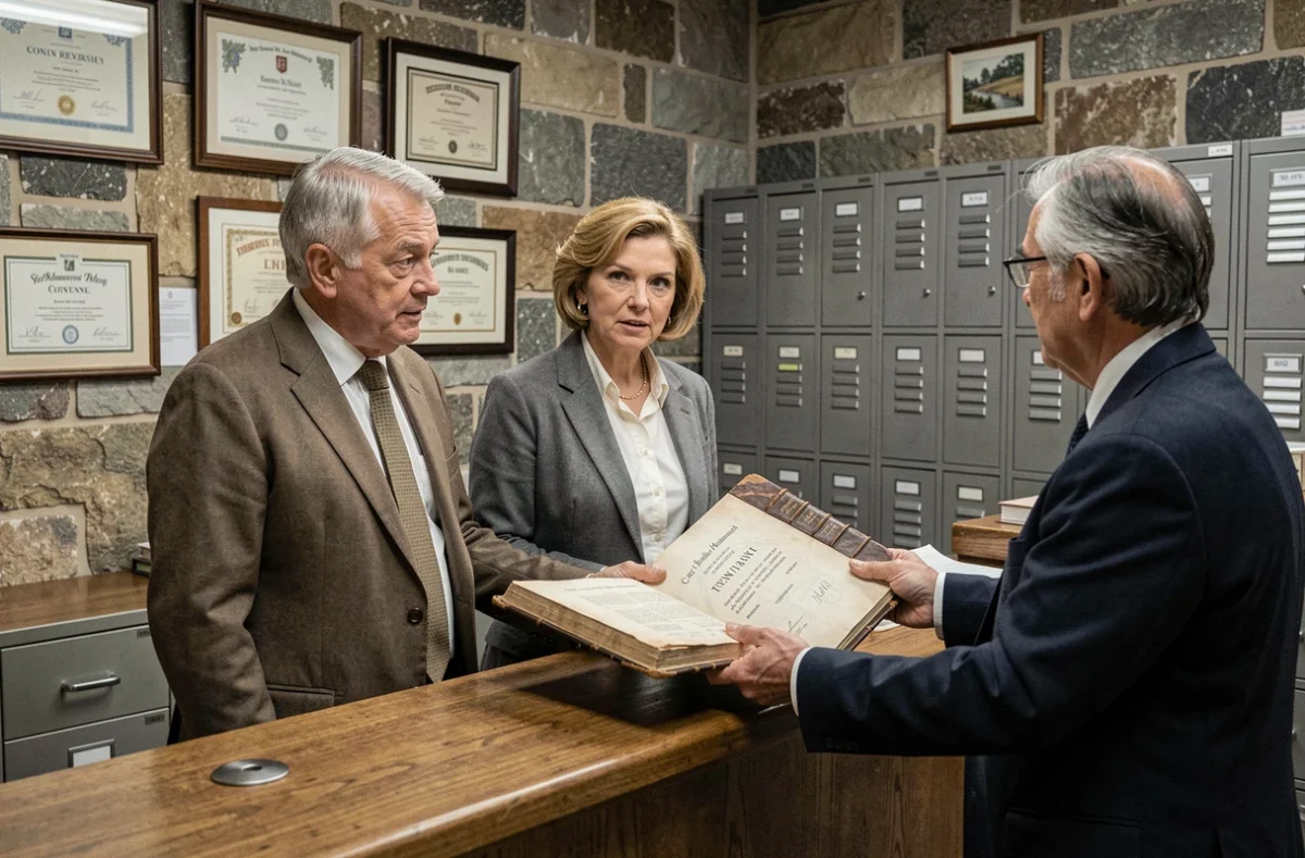 Couple consultant un registre d'état civil ancien à la mairie avec un archiviste