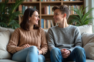 Femme et adolescent discutent sur un canapé familial