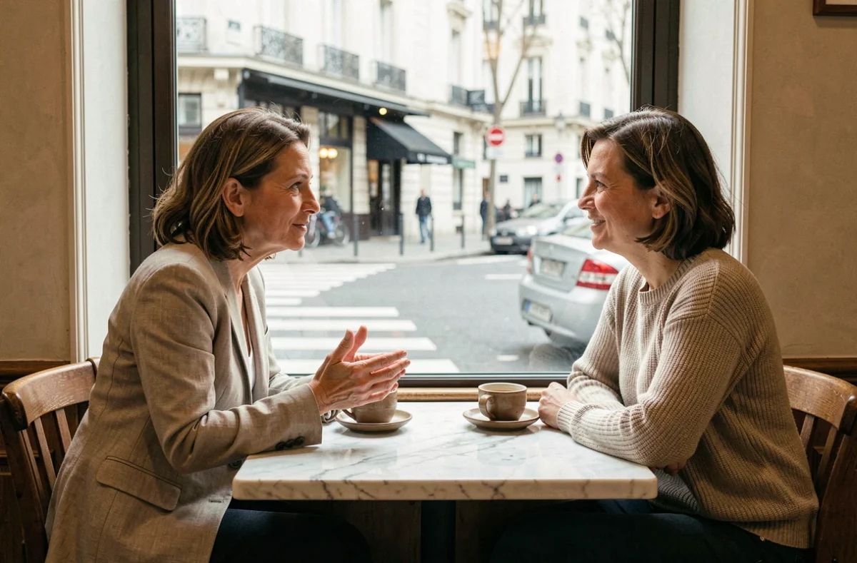 Deux femmes en conversation dans un café parisien, illustrant la curiosité sociale et le respect des limites personnelles dans les échanges