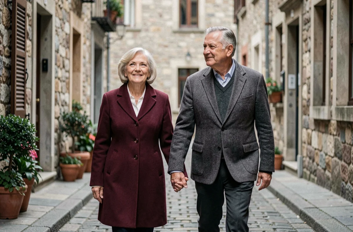 Couple âgé marchant main dans la main dans une rue pavée pittoresque, représentant la tendresse et la longévité d'une relation amoureuse épanouie
