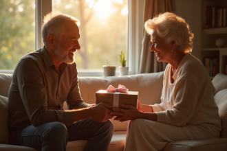 Couple élégant échangeant des cadeaux d anniversaire dans un salon chaleureux