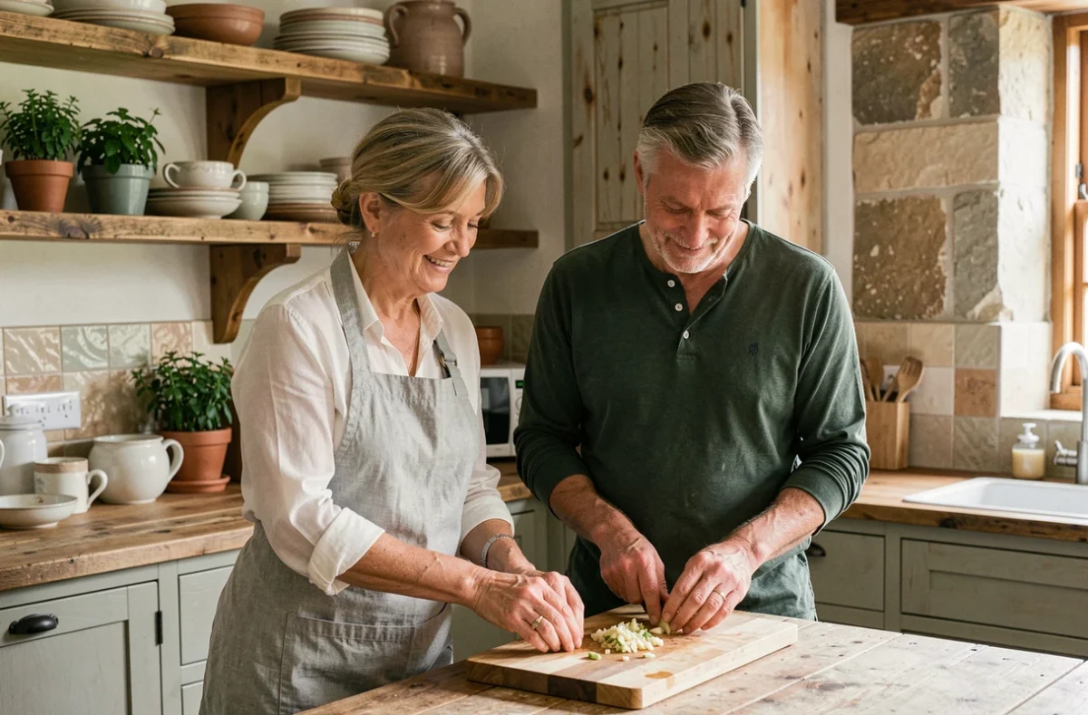 Couple d'âge mûr cuisinant ensemble dans une cuisine chaleureuse et rustique, symbolisant la complicité et la durée dans une relation amoureuse longue