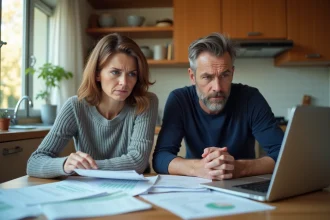 Couple marié examinant des documents financiers à la table de cuisine, illustrant la solidarité des dettes entre conjoints selon l'article 220 du Code civil