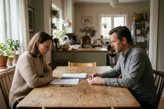 Un couple dans la quarantaine assis aux deux extrémités d'une table en bois avec des documents posés entre eux, illustrant une séparation sereine et organisée