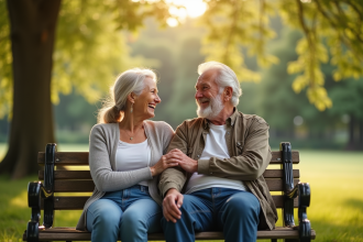 Couple âgé main dans la main sur un banc dans un parc