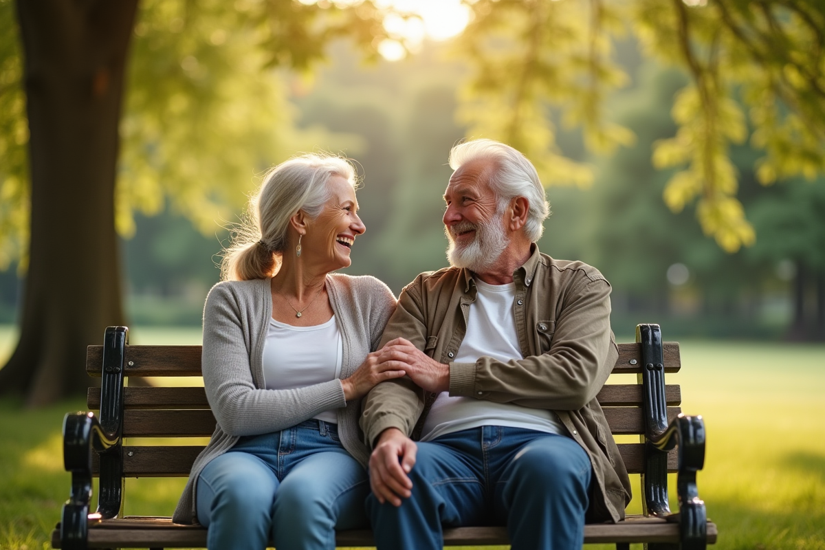 Couple âgé main dans la main sur un banc dans un parc