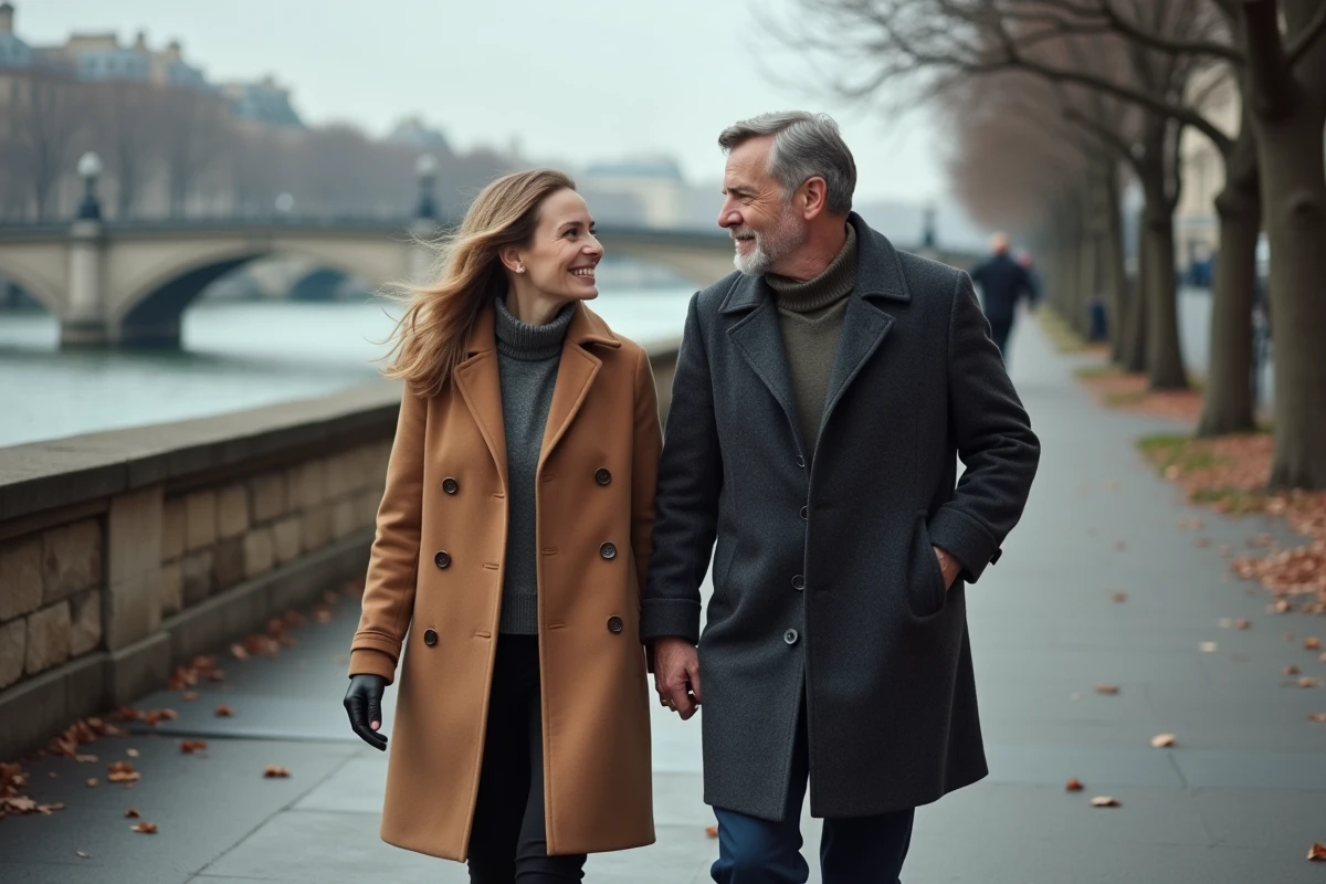 Couple élégant se promenant sur les quais de la Seine à Paris sous un ciel nuageux en automne
