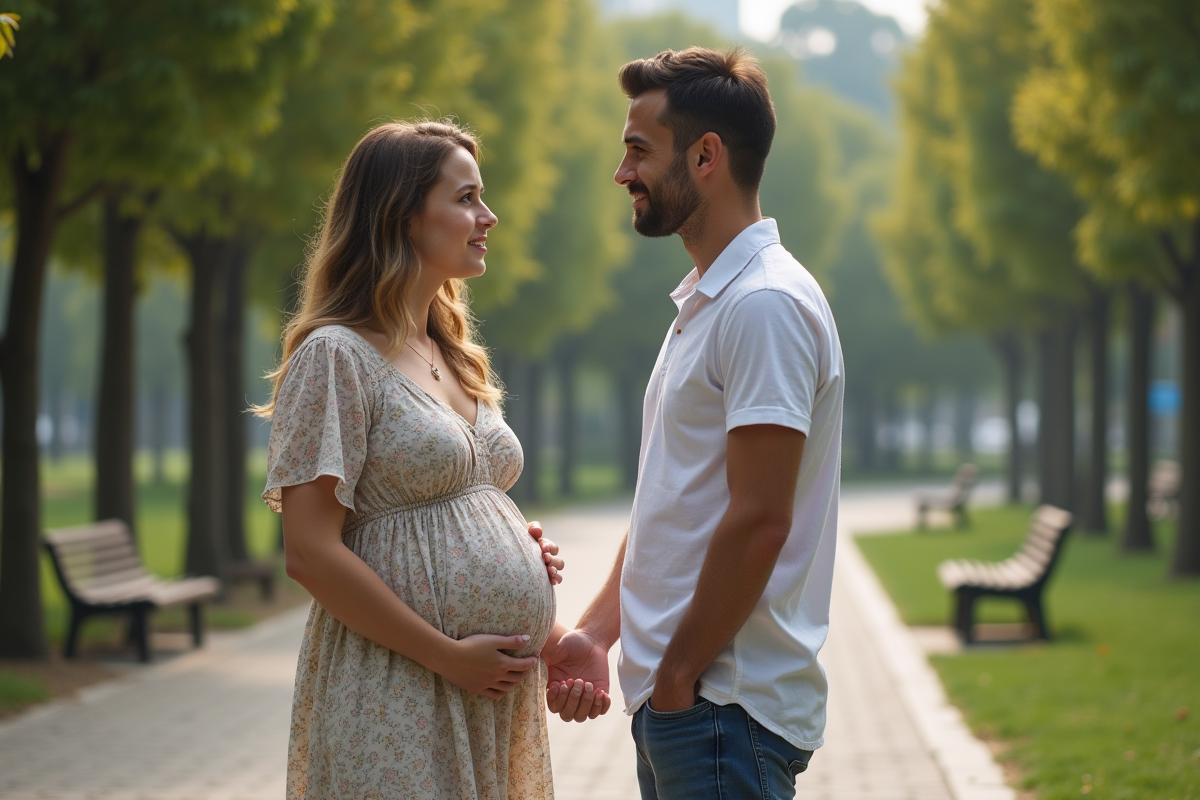 Couple enceinte dans un parc urbain paisible
