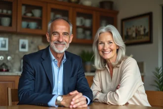 Homme d'âge moyen en costume assis avec une femme dans une cuisine chaleureuse