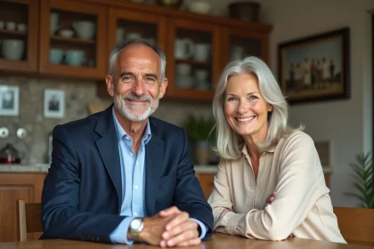 Homme d'âge moyen en costume assis avec une femme dans une cuisine chaleureuse