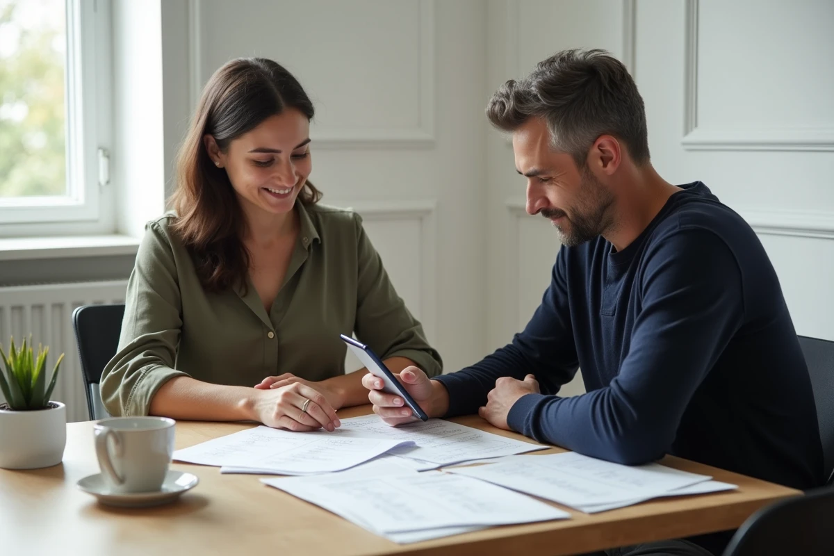 Couple de parents en famille recomposée organisant la liste de cadeaux naissance à leur bureau
