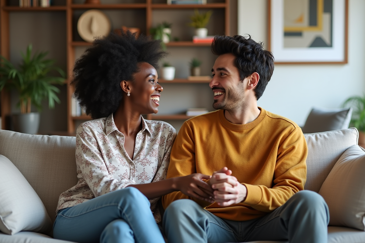 Couple interracial souriant dans un salon moderne