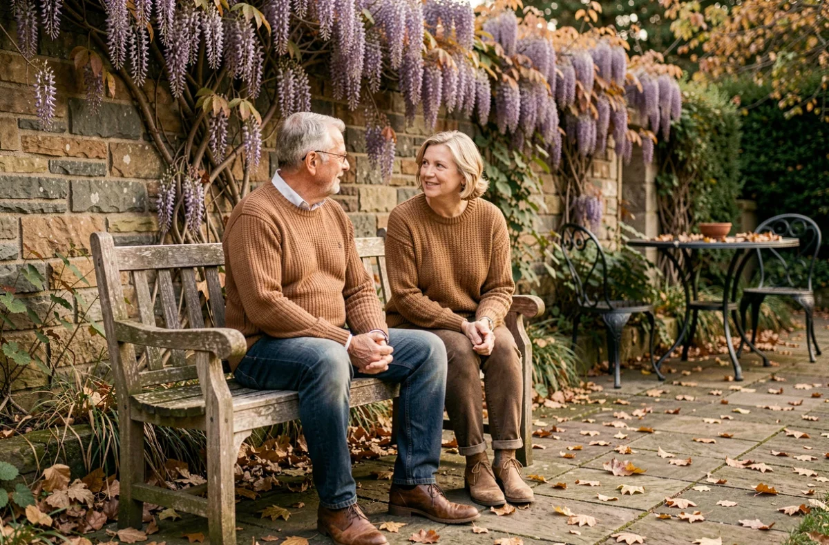Couple assis dans un jardin en automne lors d'un moment de complicité, illustrant l'équilibre fragile entre carrière artistique et vie de famille