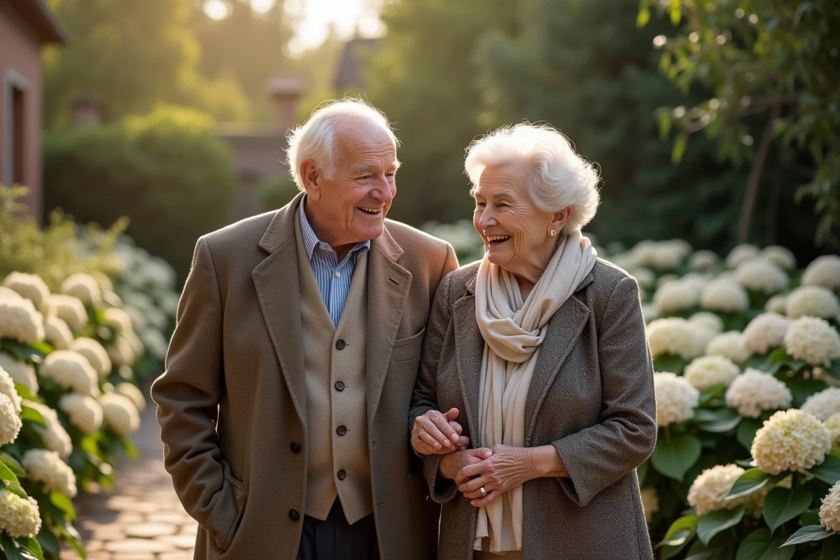 Couple âgé dans un jardin ensoleille avec hortensias