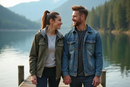 Couple souriant sur un pont en bois au bord du lac