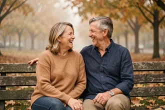 Couple mature partageant un moment de complicité et de rire sur un banc en bois dans un parc automnal, illustrant une histoire d'amour durable