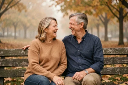Couple mature partageant un moment de complicité et de rire sur un banc en bois dans un parc automnal, illustrant une histoire d'amour durable