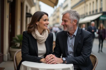 Couple souriant assis dans un café parisien élégant