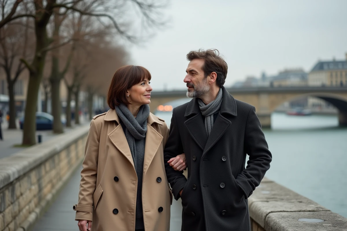 Couple se promenant au bord de la Seine à Paris, illustrant la complicité dans la vie de couple d'une personnalité publique