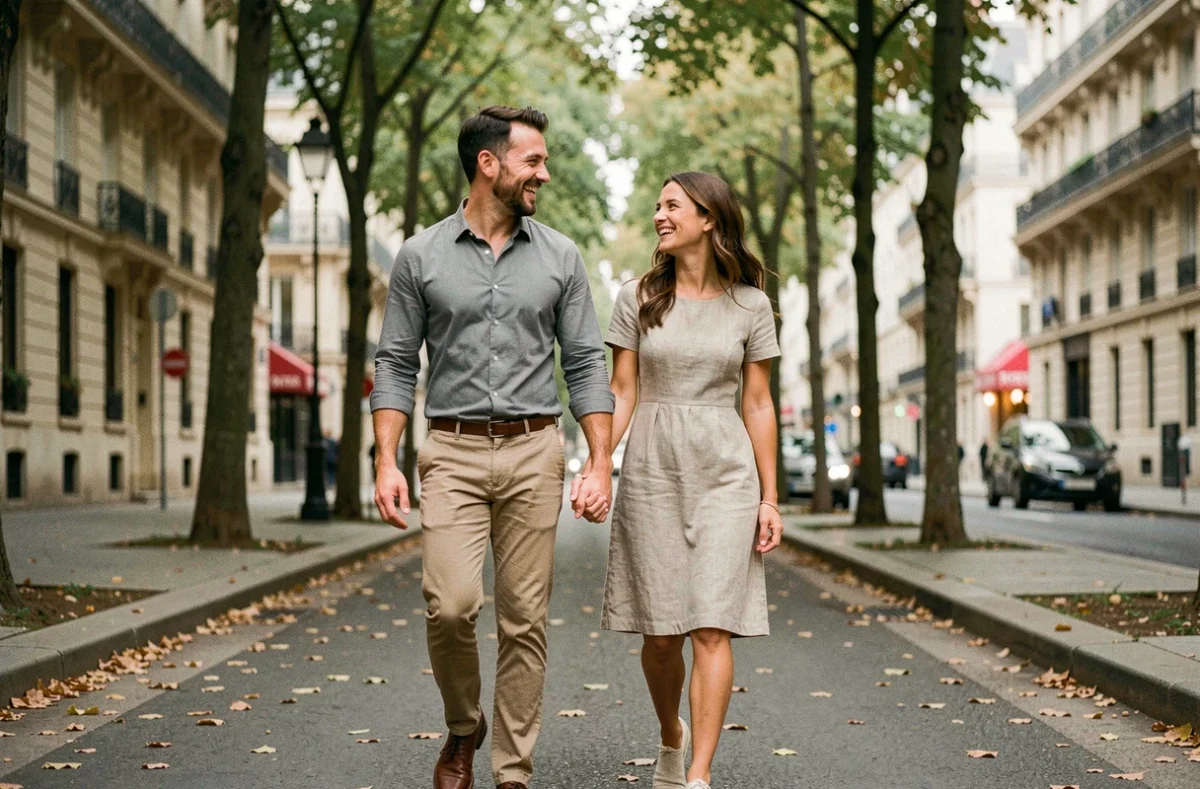 Couple se promenant main dans la main sur un boulevard parisien, illustrant l'équilibre vie privée et notoriété médiatique