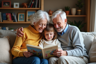 Couple senior souriant lisant un livre avec une jeune fille
