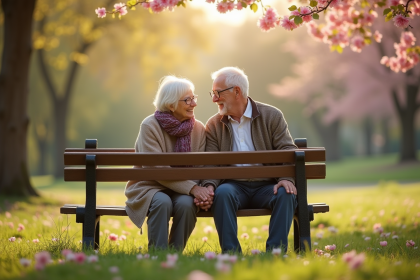 Couple âgé assis sur un banc en printemps avec fleurs