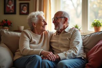Couple âgé assis sur un canapé chaleureux souriant