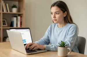 Jeune femme créant un compte en ligne sur son ordinateur portable depuis son bureau à domicile