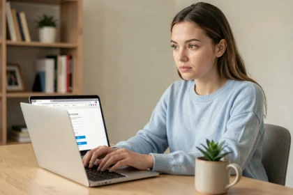 Jeune femme créant un compte en ligne sur son ordinateur portable depuis son bureau à domicile