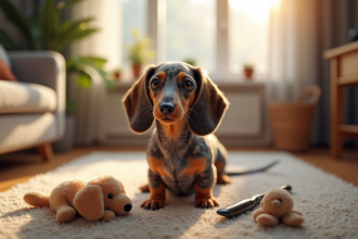 Merle dachshund assis sur un tapis dans un salon lumineux