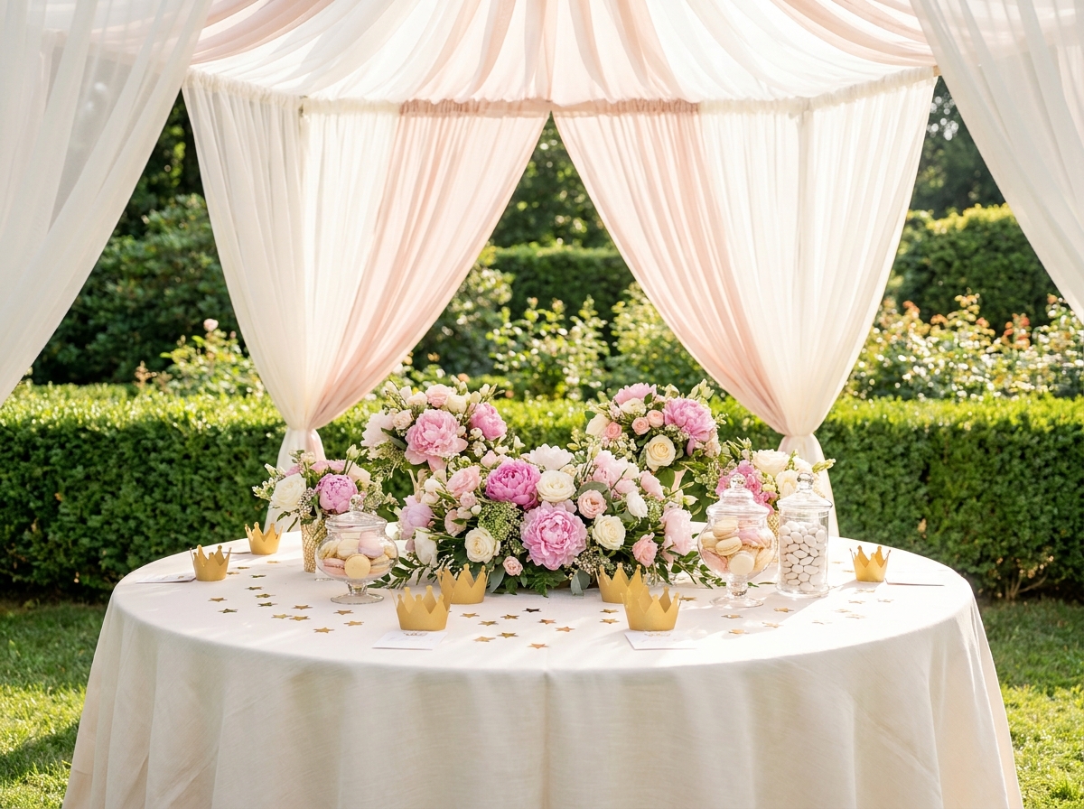 Table décorée pour un anniversaire thème princesse en plein air avec fleurs, couronnes et macarons pastel