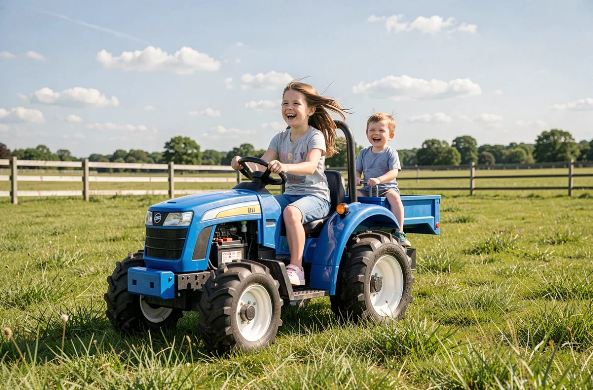Deux enfants riant sur un tracteur électrique bleu 36V traversant une prairie verte en plein air