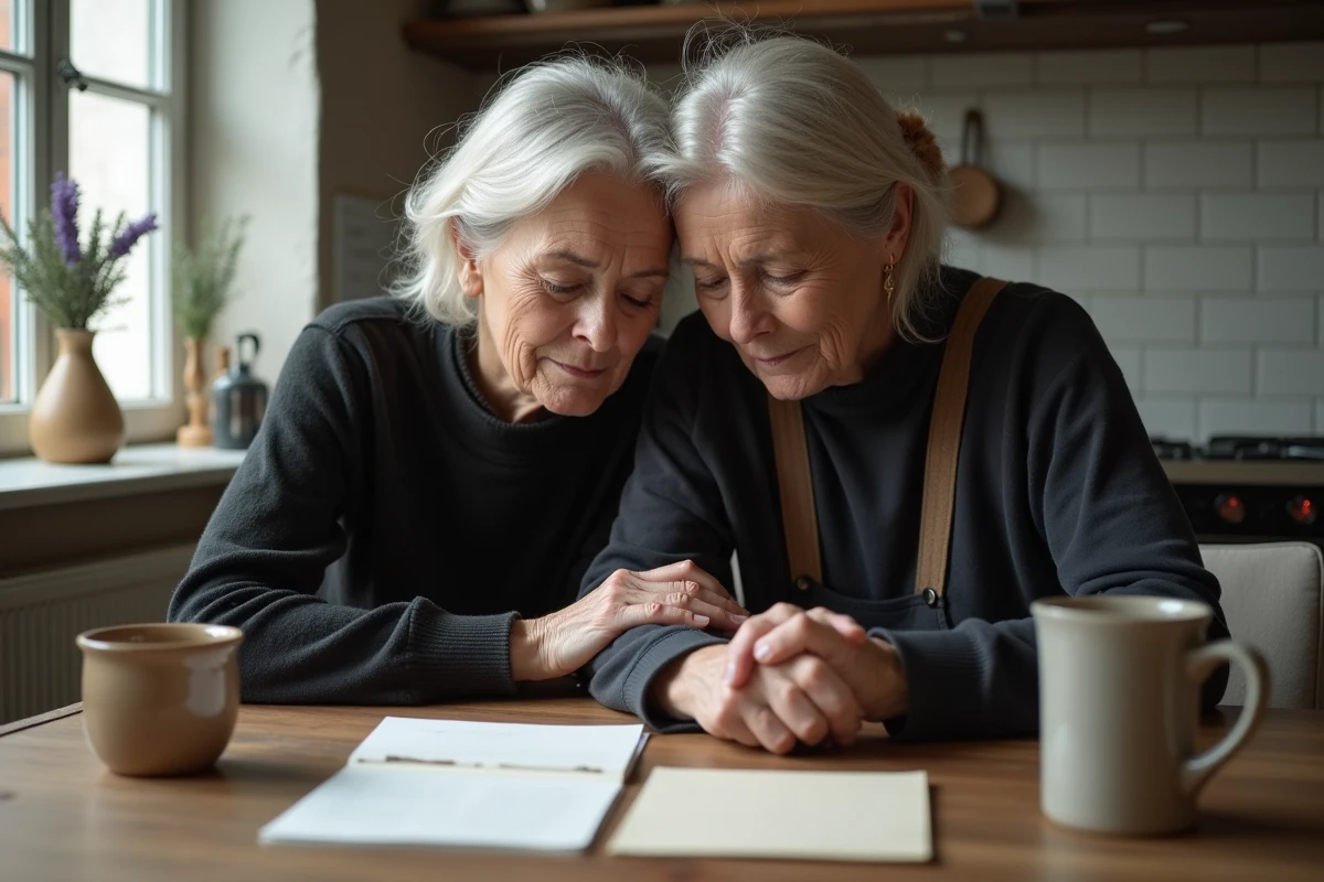 Deux femmes assises à une table de cuisine se tenant la main près d'une lettre de condoléances manuscrite et d'une carte de sympathie ouverte