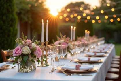 Dîner extérieur élégant pour anniversaire de 21 ans avec table blanche et lumières