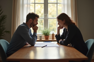 Couple discutant de divorce avec documents et stylo dans une maison