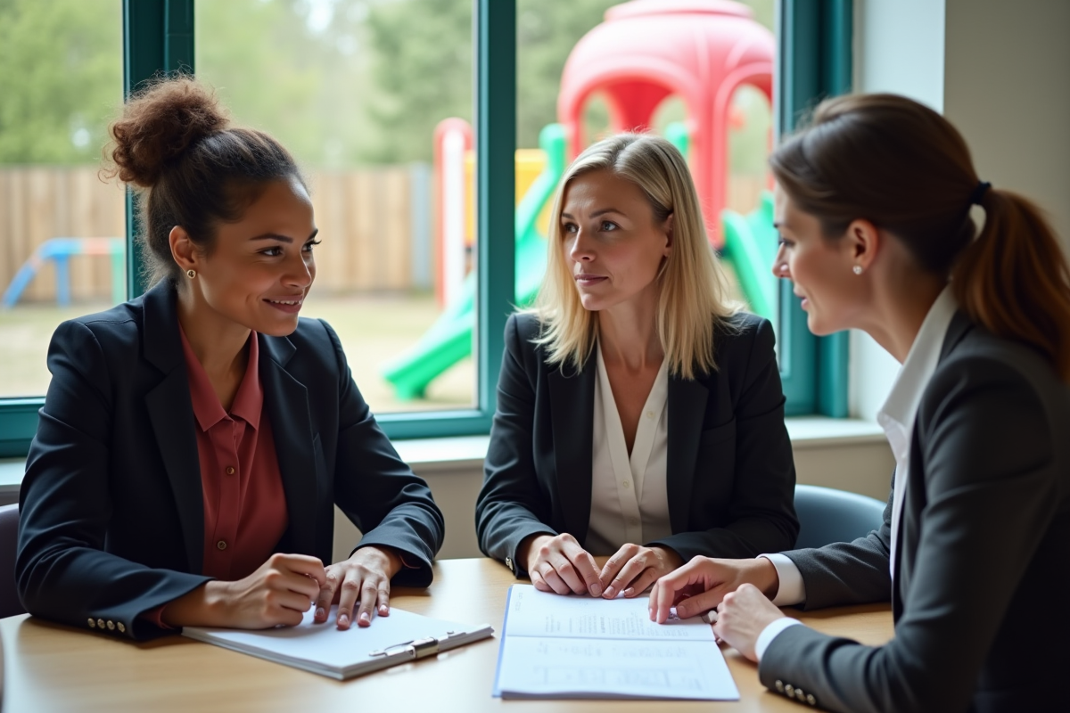 Trois adultes discutant dans un centre communautaire